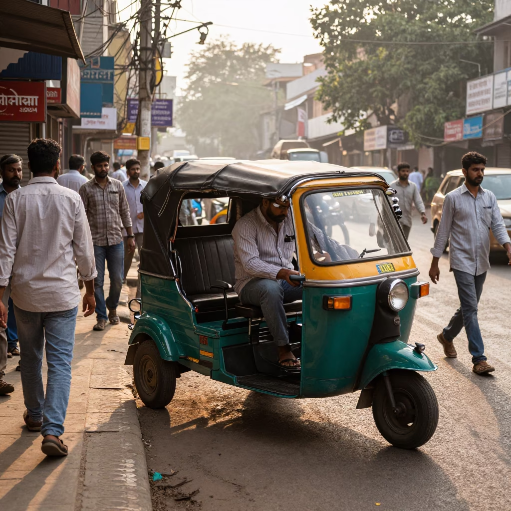 Busy Hyderabad street corner with rickshaw driver and local vendors under morning sun in in Hyderabad, India