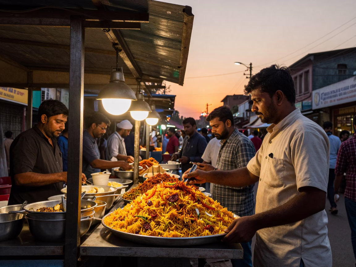 Busy Hyderabad Street Food Stall at Sunset with Spices and Tea in in Hyderabad, India