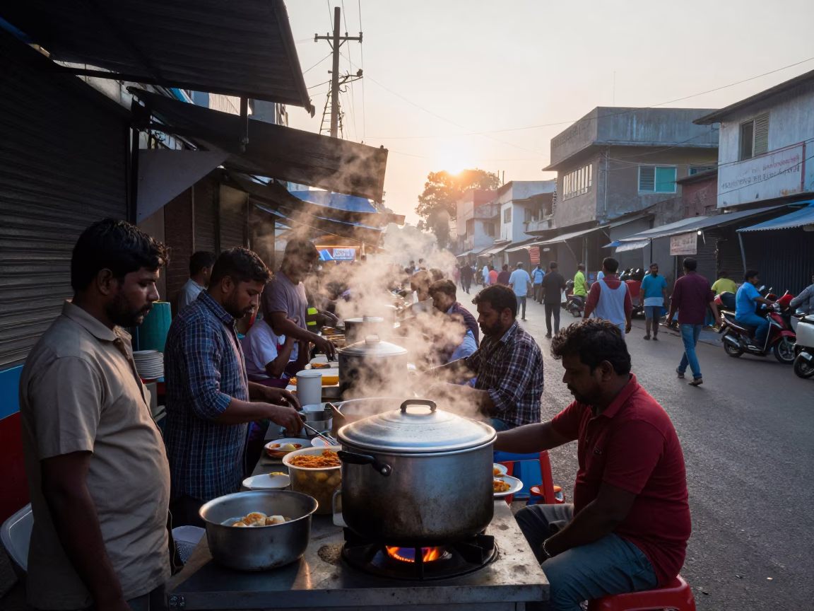 Busy Hyderabad Street Food Stall Before Dawn with Steam and Cooking Activity in in Hyderabad, India