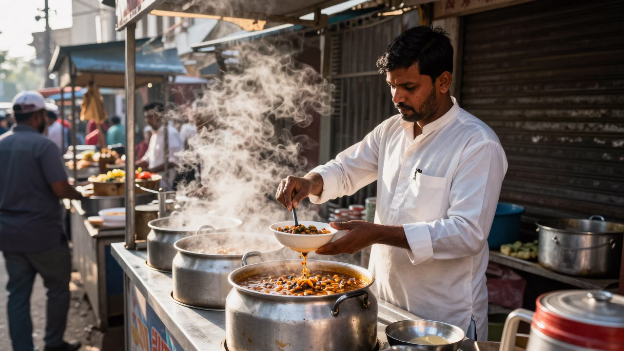 Busy Hyderabad Street Food Stall Under Noon Sun With Local Diners in in Hyderabad, India