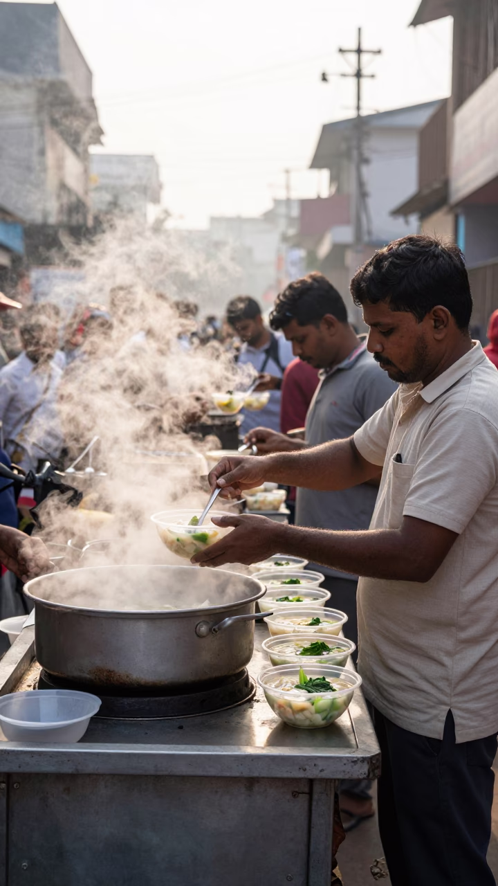 Busy Hyderabad Street Food Vendor Serving Wonton Soup to Customers in Early Morning Light in in Hyderabad, India