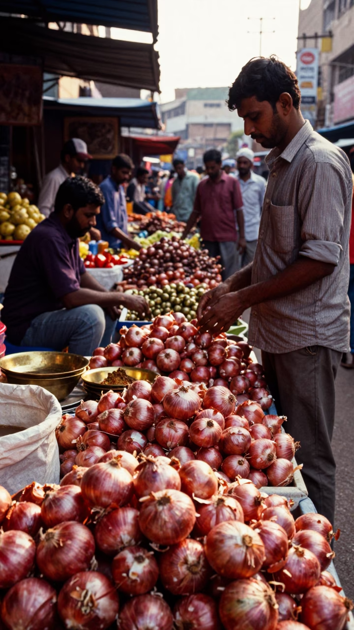 Busy Hyderabad Street Market Late Afternoon Onions and Brass Shop Detail in in Hyderabad, India