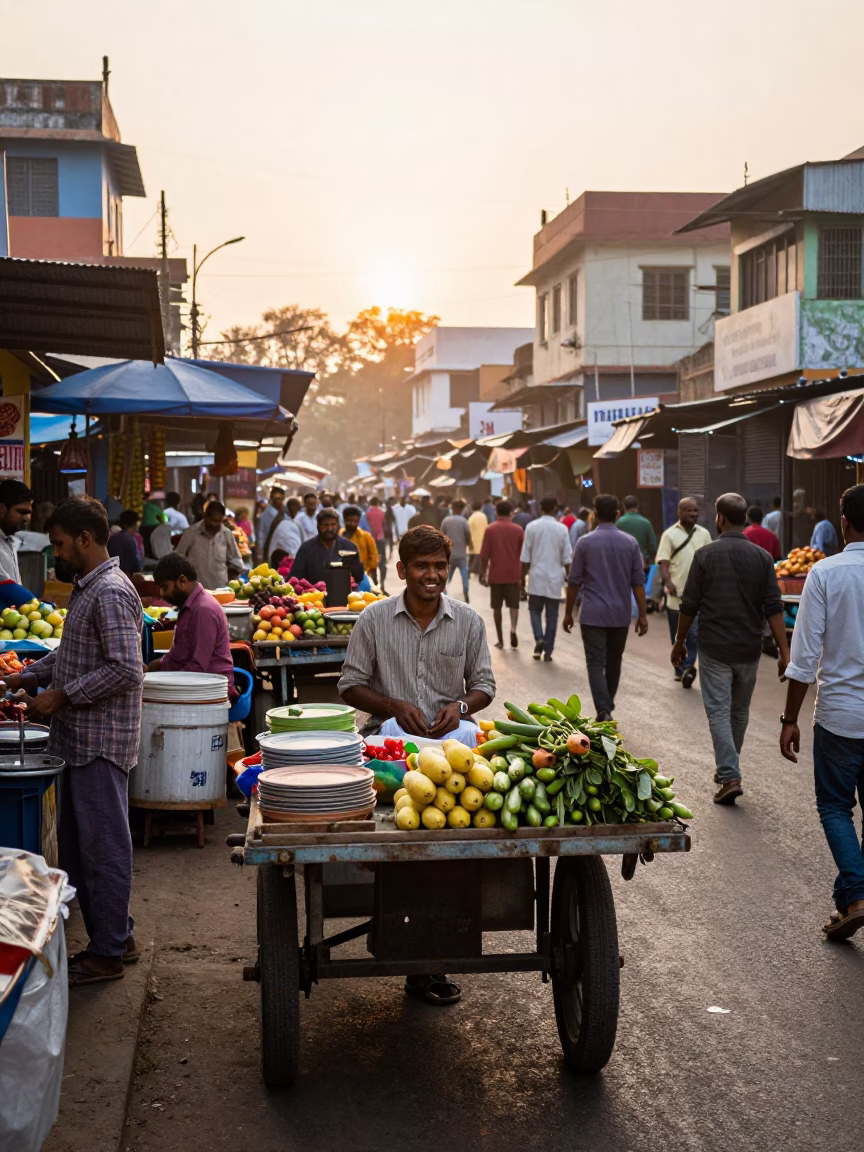 Busy Hyderabad Street Market Morning with Vendors and Early Commuters in in Hyderabad, India