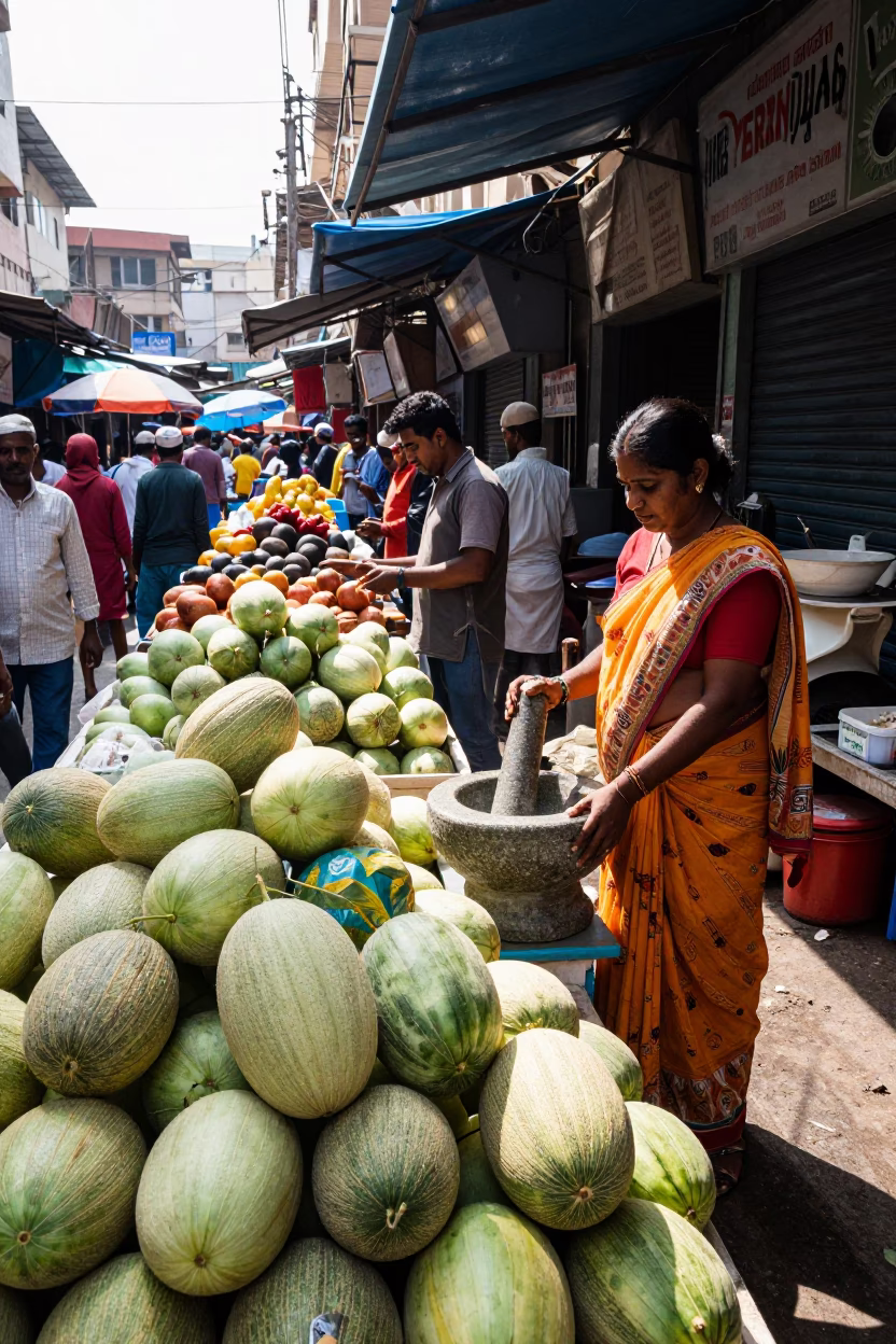 Busy Hyderabad Street Market with Melons and Mortar Pestle Midday 1960s in in Hyderabad, India