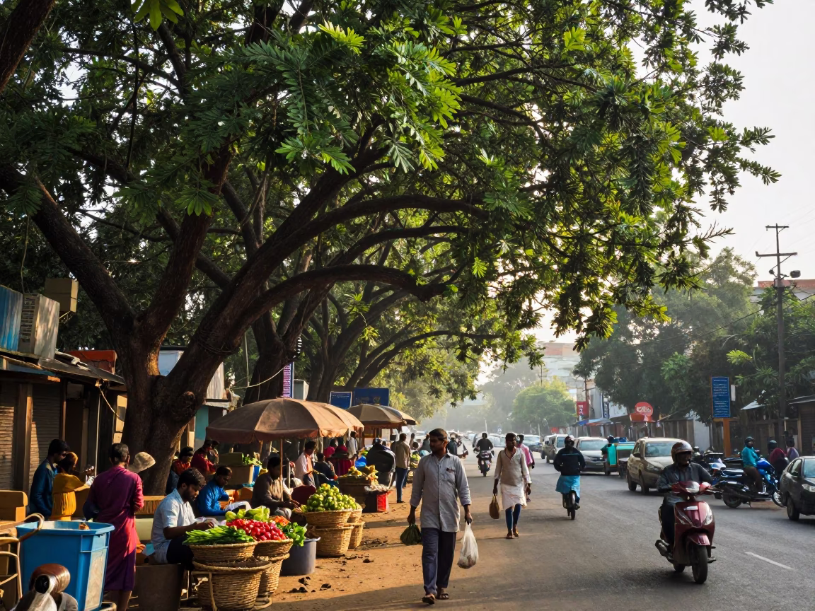 Busy Hyderabad Street Morning with Kapok Tree and Local Commerce in in Hyderabad, India