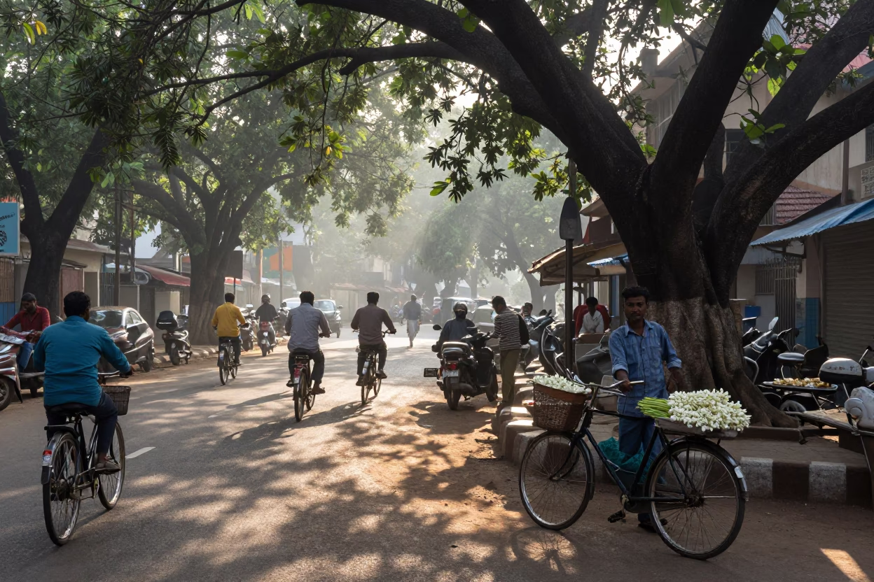 Busy Hyderabad Street Morning with Vintage Bicycle Basket and Local Commerce in in Hyderabad, India