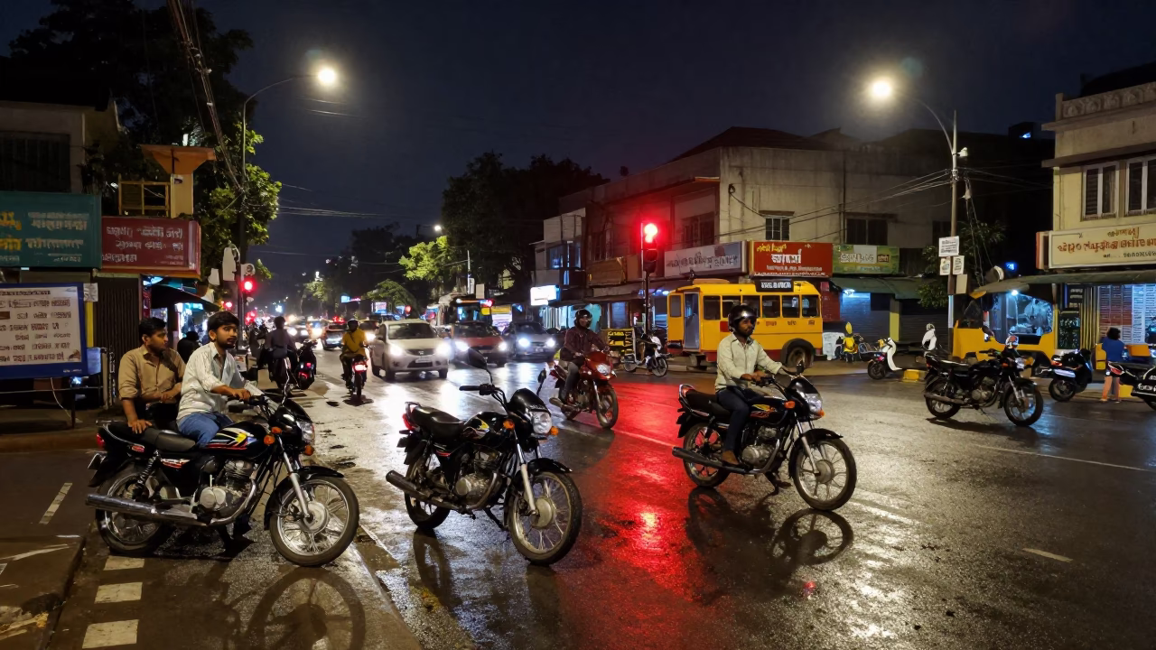 Busy Hyderabad Street Night Scene with Motorcycles and Local Shop Signage in in Hyderabad, India
