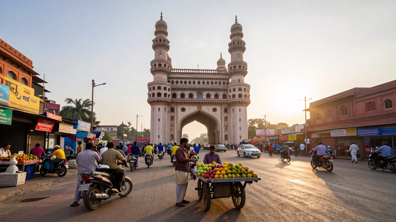 Busy Hyderabad Street Scene After Sunrise with Local Commerce and Traditional Architecture in in Hyderabad, India