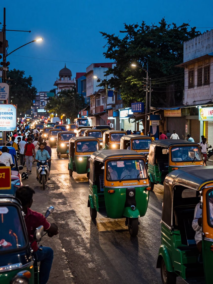 Busy Hyderabad street scene at blue hour with auto rickshaws and illuminated shop fronts in in Hyderabad, India