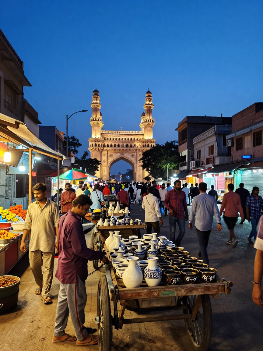 Busy Hyderabad Street Scene at Blue Hour with Traditional Ceramics and Evening Activity in in Hyderabad, India