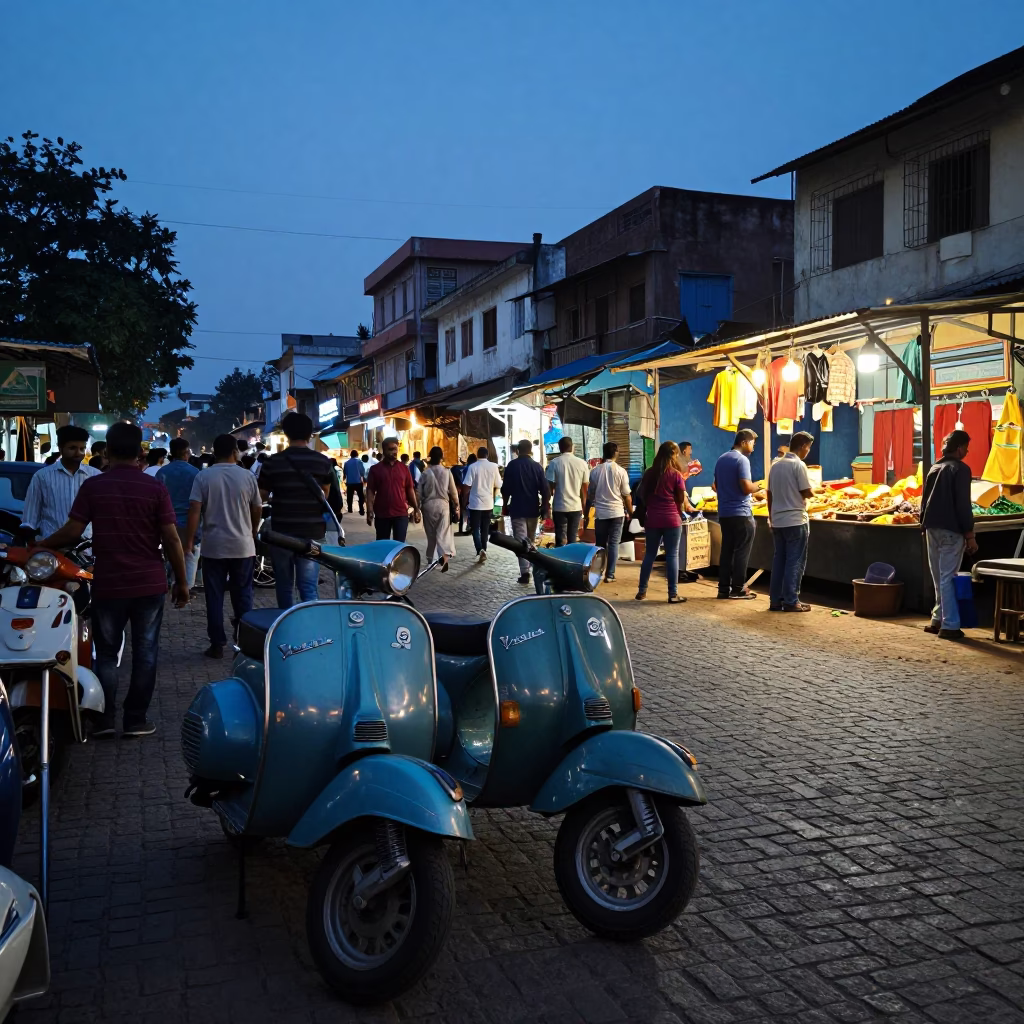 Busy Hyderabad Street Scene at Blue Hour with Vintage Vespa and Local Activity in in Hyderabad, India
