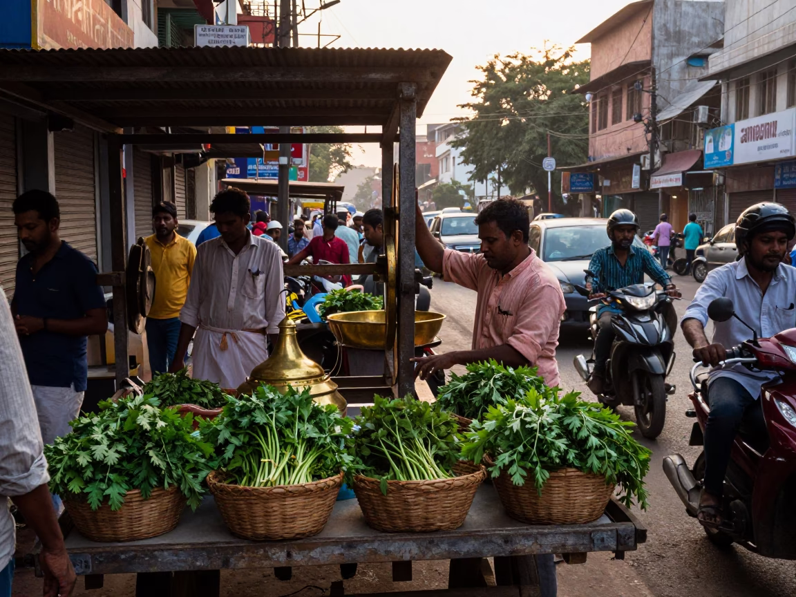Busy Hyderabad Street Scene at Dawn with Pulley and Herb Stall in in Hyderabad, India