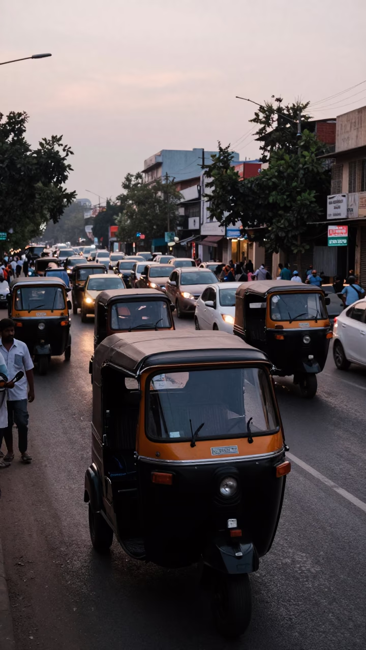 Busy Hyderabad street scene at dawn with rickshaw and bougainvillea in in Hyderabad, India