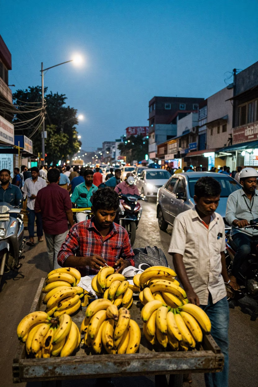 Busy Hyderabad Street Scene at Dusk with Bananas and Banyan Roots in in Hyderabad, India