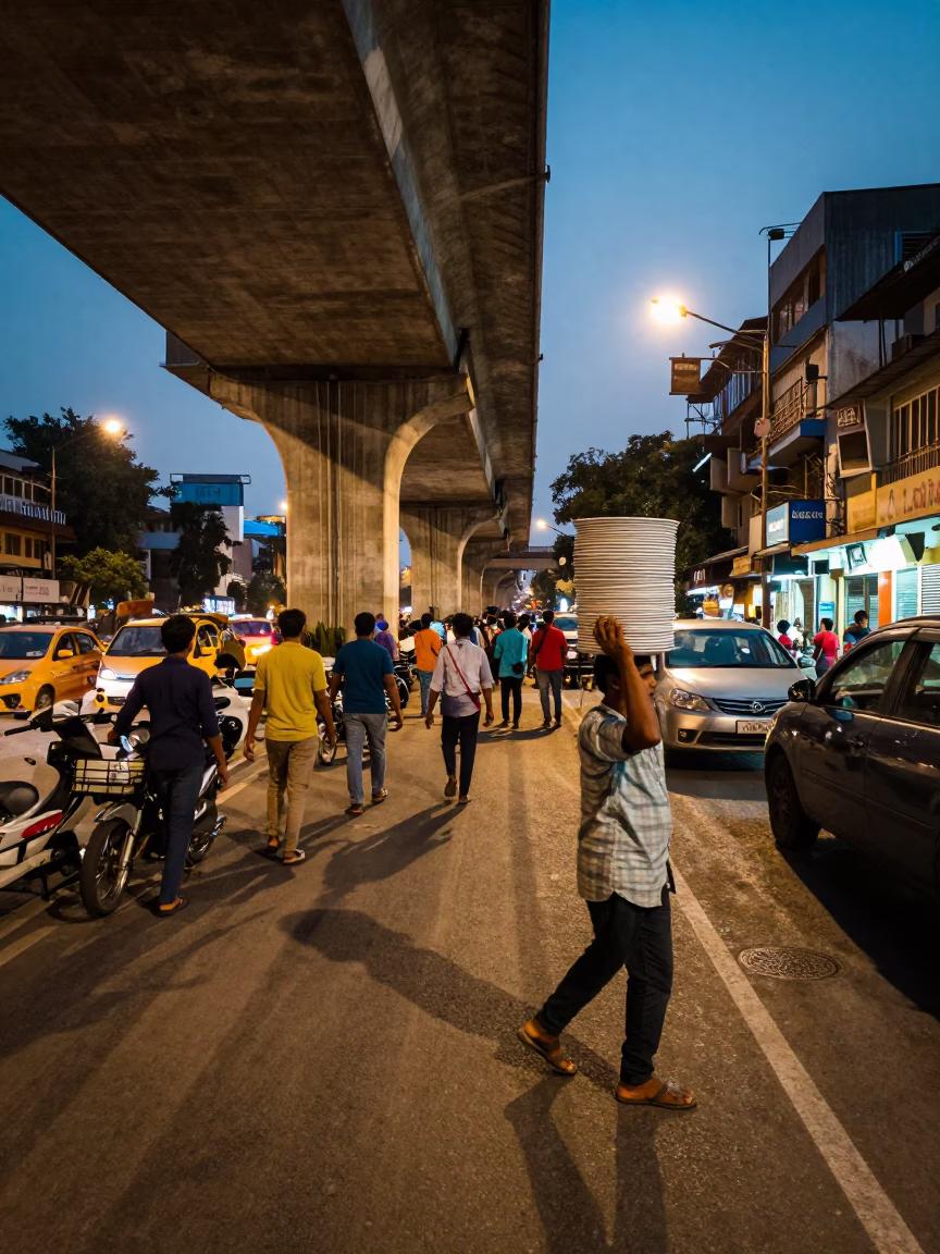 Busy Hyderabad Street Scene at Dusk with Flyover Shadows and Stacked Plates in in Hyderabad, India