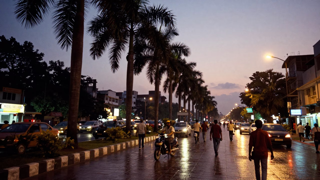 Busy Hyderabad Street Scene at Dusk with Palm Trees and Local Vendors in in Hyderabad, India