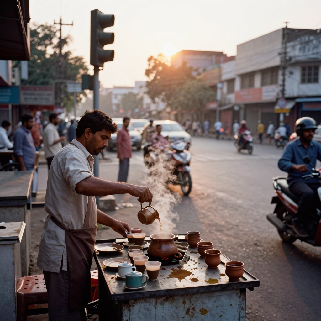 Busy Hyderabad Street Scene at Golden Hour with Tea Stains and Signal Gantry in in Hyderabad, India