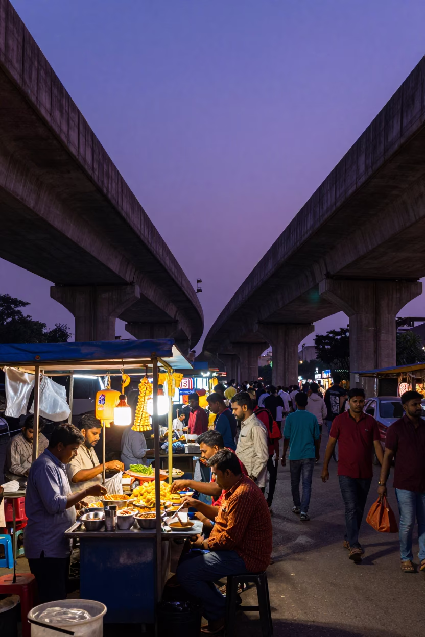 Busy Hyderabad Street Scene at Indigo Twilight with Food Stall and Overpass in in Hyderabad, India