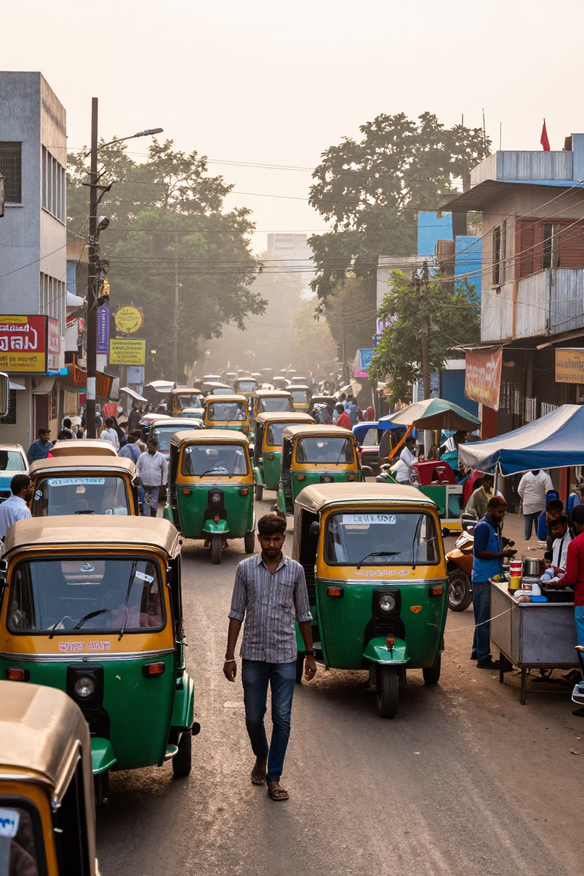 Busy Hyderabad street scene at nautical dawn with colorful rickshaws and local commuters in in Hyderabad, India