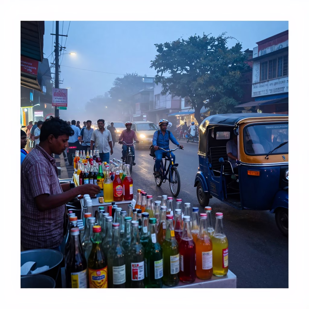 Busy Hyderabad Street Scene at Nautical Dawn with Glass Bottles and Local Life in in Hyderabad, India