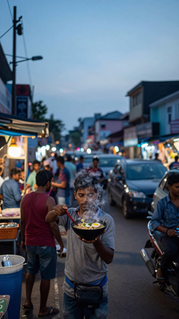 Busy Hyderabad Street Scene at Nautical Dawn with Ramen Bowl and Local Activity in in Hyderabad, India