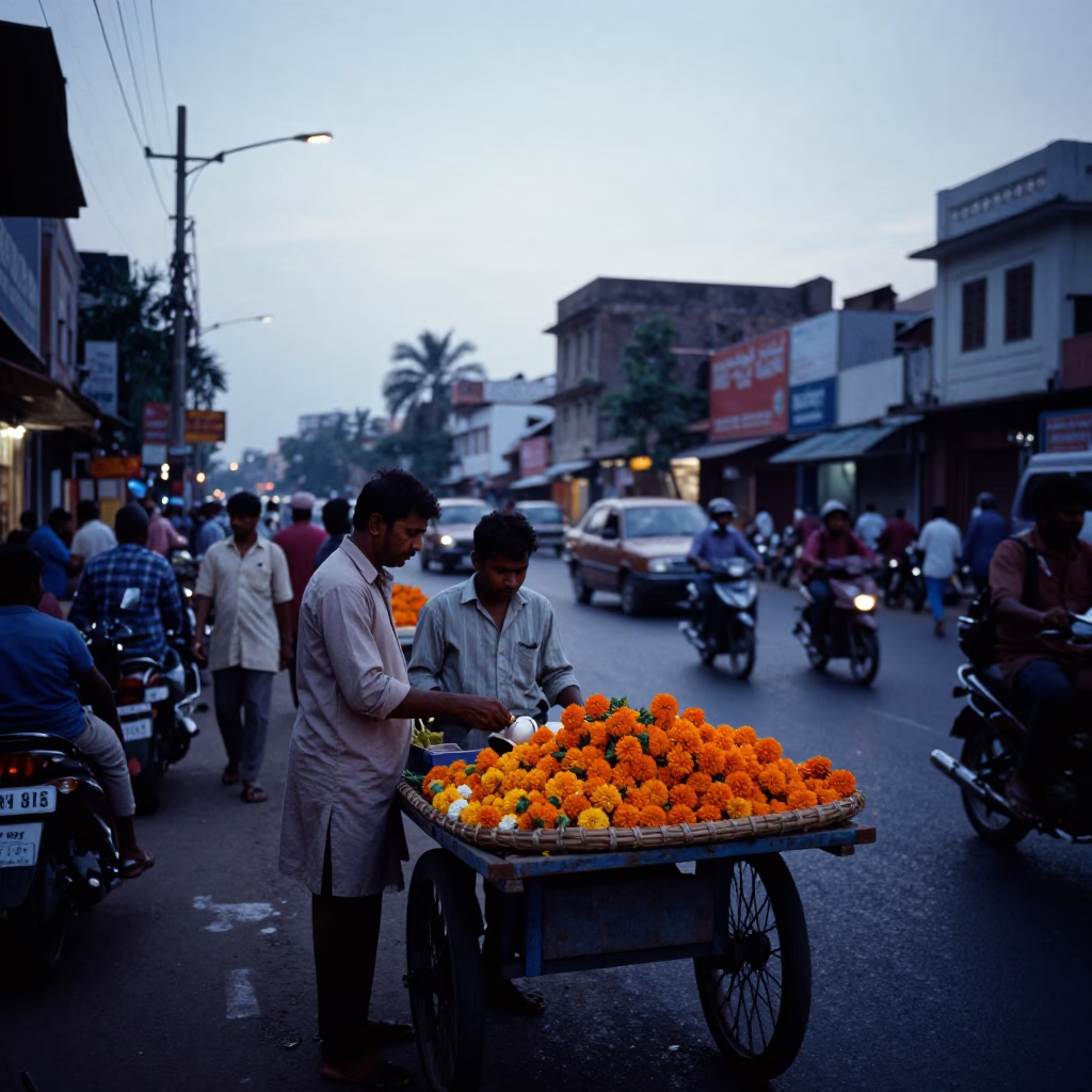 Busy Hyderabad Street Scene at Nautical Dawn with Rattan Chair and Cushions in in Hyderabad, India