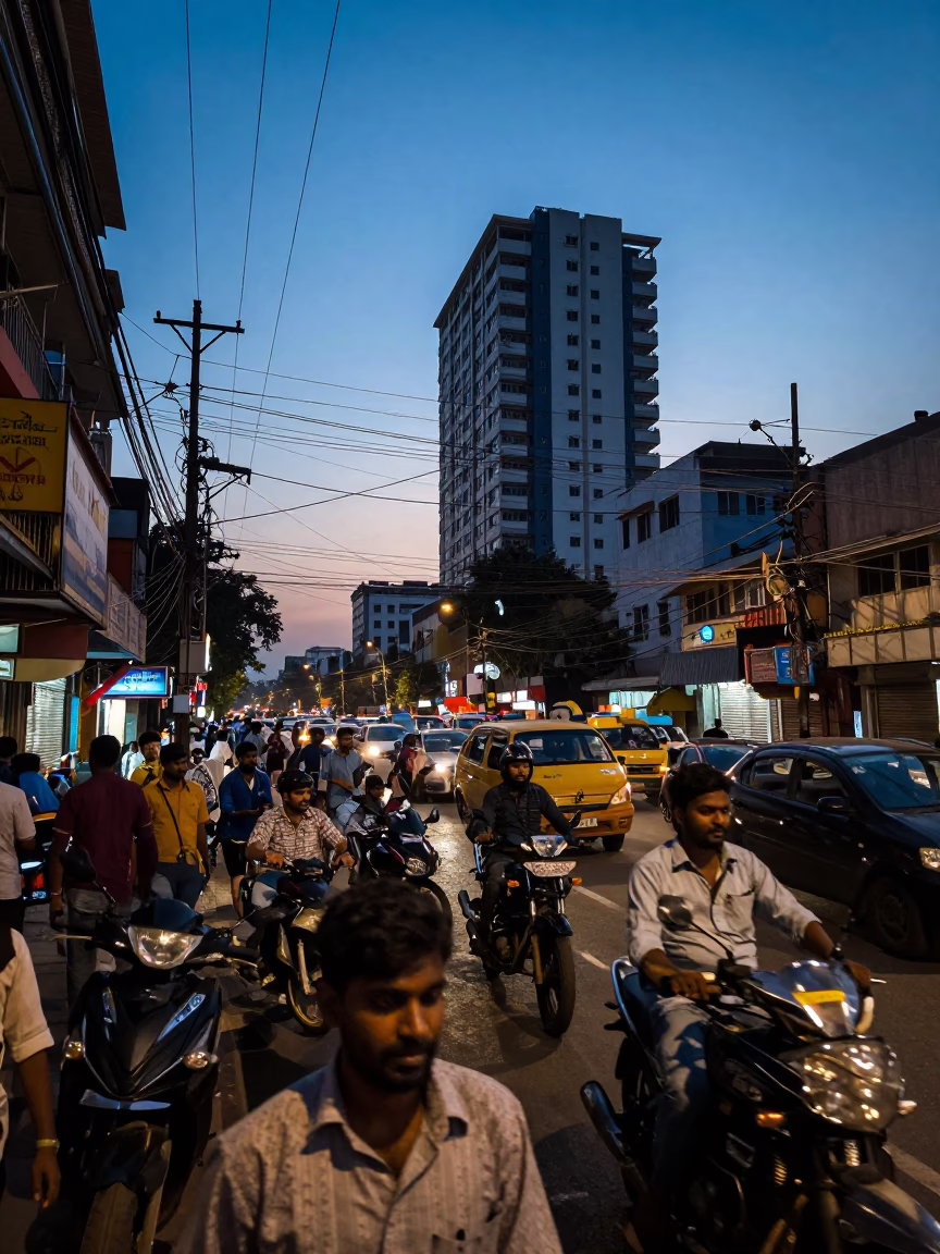 Busy Hyderabad Street Scene at Nautical Dawn with Rust and Dew in in Hyderabad, India