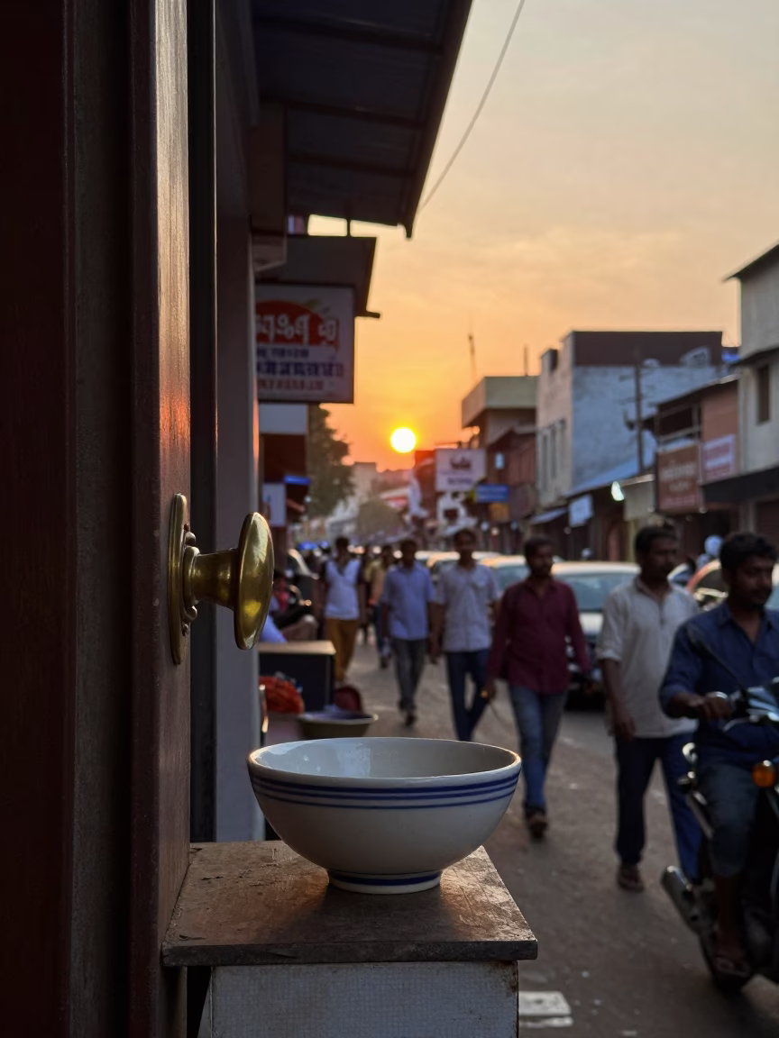 Busy Hyderabad Street Scene at Sunset with Ceramic Bowl and Doorknob Details in in Hyderabad, India