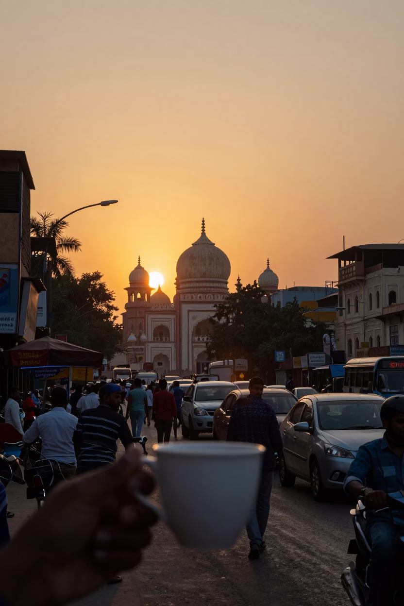Busy Hyderabad Street Scene at Sunset with Ceramic Cup and Notebook in in Hyderabad, India