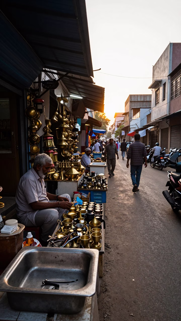 Busy Hyderabad Street Scene at Sunset with Local Shopkeeper and Vintage Details in in Hyderabad, India
