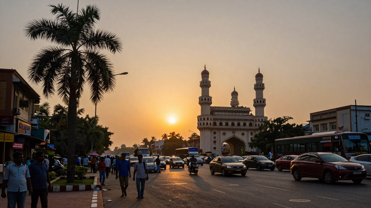 Busy Hyderabad Street Scene at Sunset with Palm Trees and Local Life in in Hyderabad, India