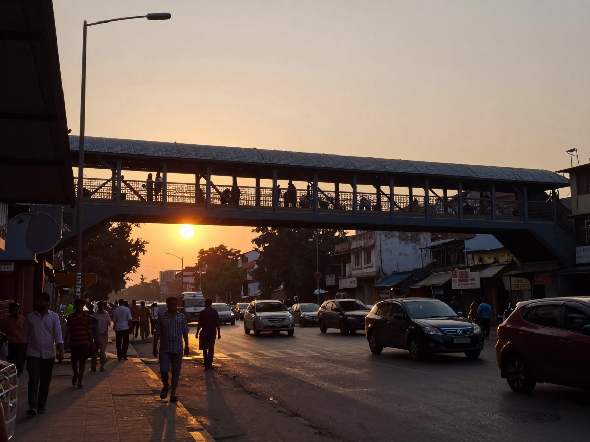 Busy Hyderabad Street Scene at Sunset with Pedestrian Overpass and Metro Train in in Hyderabad, India