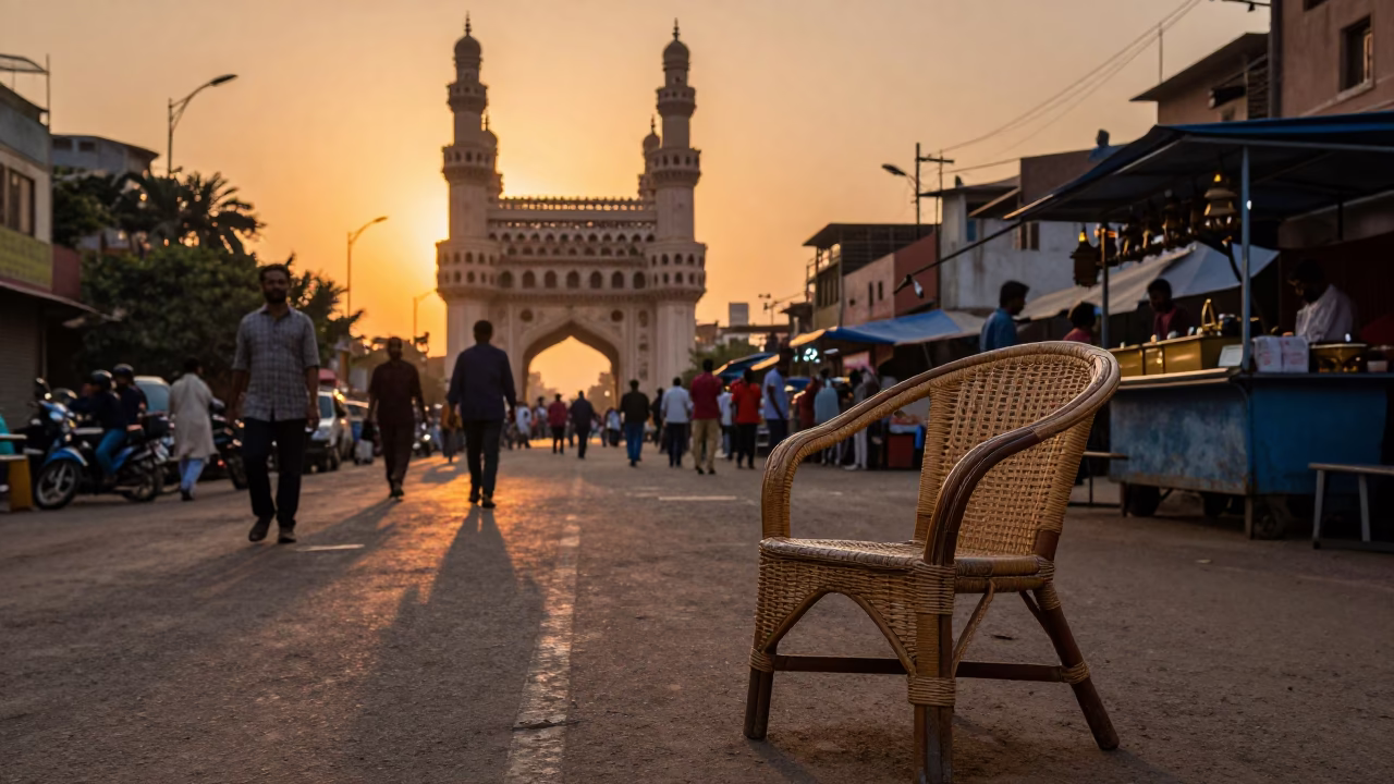 Busy Hyderabad Street Scene at Sunset with Rattan Chair and Local Life in in Hyderabad, India