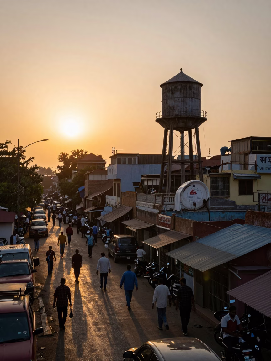 Busy Hyderabad Street Scene at Sunset with Rooftop Water Tower and Local Life in in Hyderabad, India