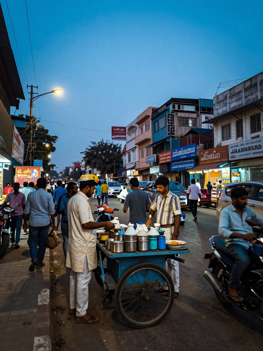 Busy Hyderabad Street Scene at Twilight with Ladle and Tea Stains in in Hyderabad, India