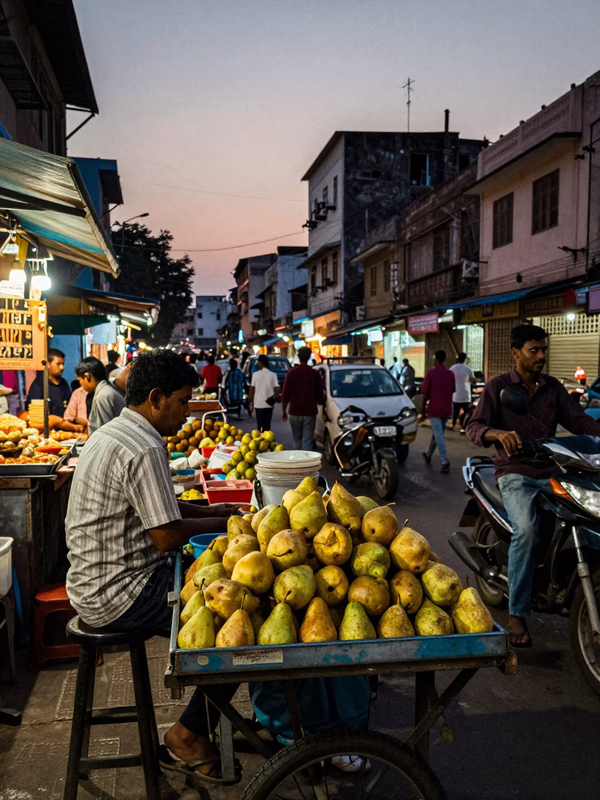 Busy Hyderabad Street Scene at Twilight with Local Food and Traffic in in Hyderabad, India