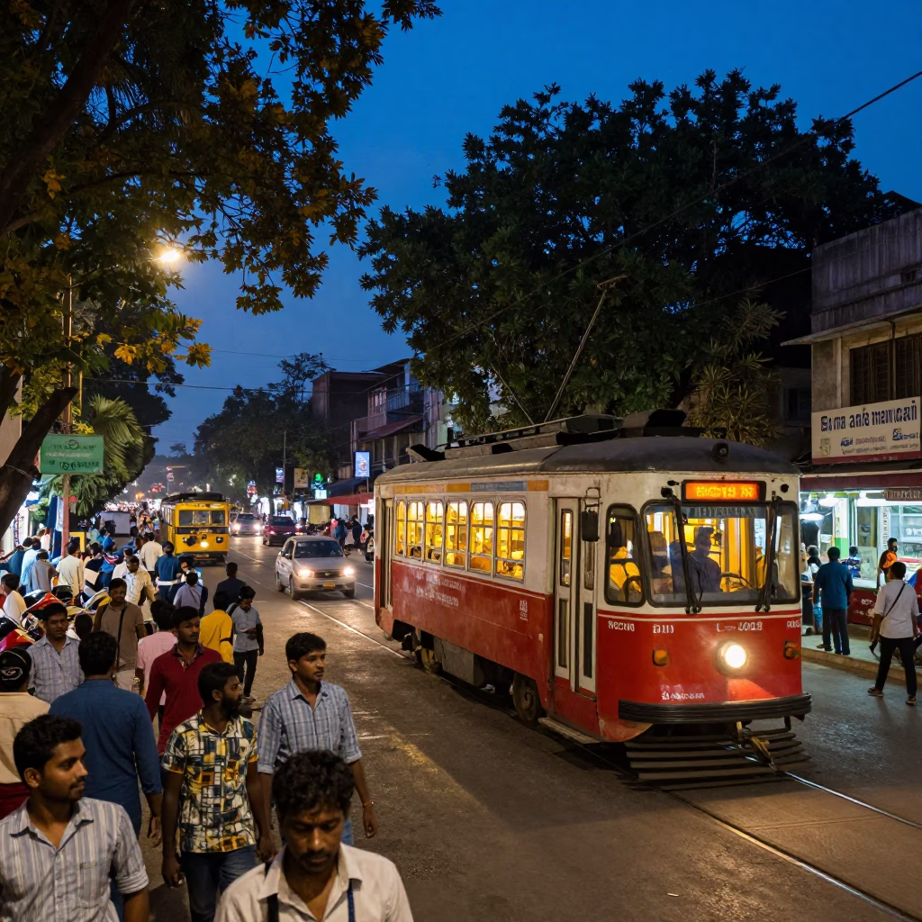 Busy Hyderabad Street Scene at Twilight with Tramcar and Local Life in in Hyderabad, India