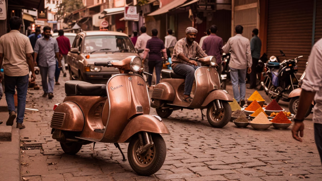 Busy Hyderabad Street Scene Before Dusk with Vintage Vespa and Local Commerce in in Hyderabad, India