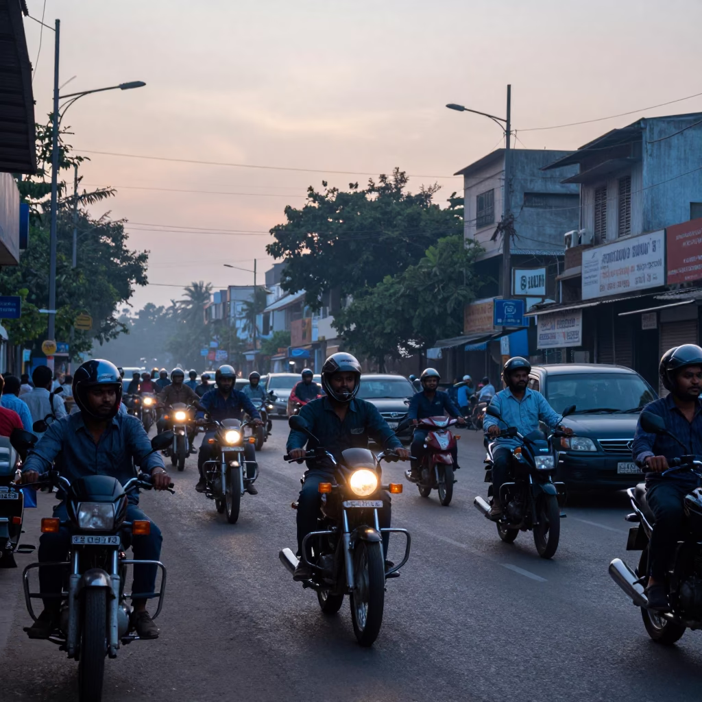 Busy Hyderabad Street Scene Before Sunrise with Motorcycle and Vintage Car in in Hyderabad, India