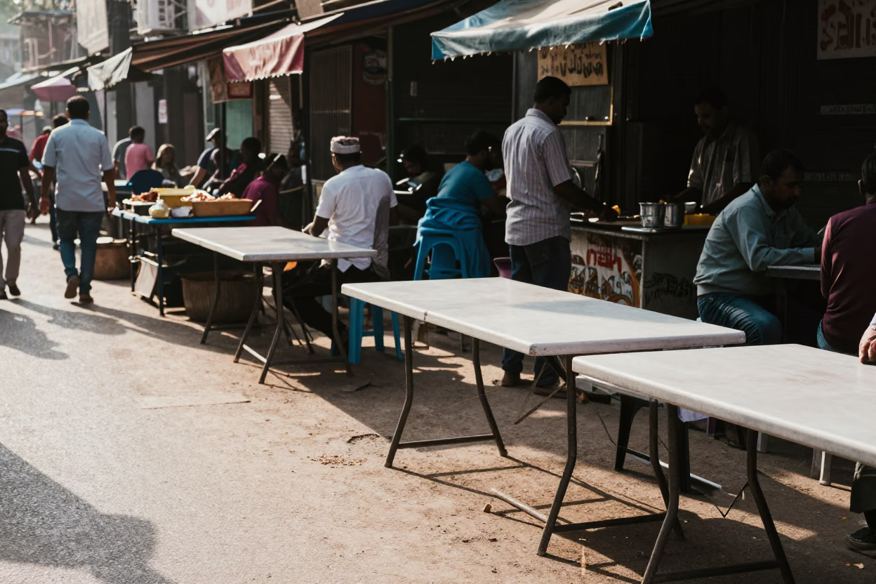 Busy Hyderabad Street Scene Early Afternoon with Folding Tables and Local Commerce in in Hyderabad, India