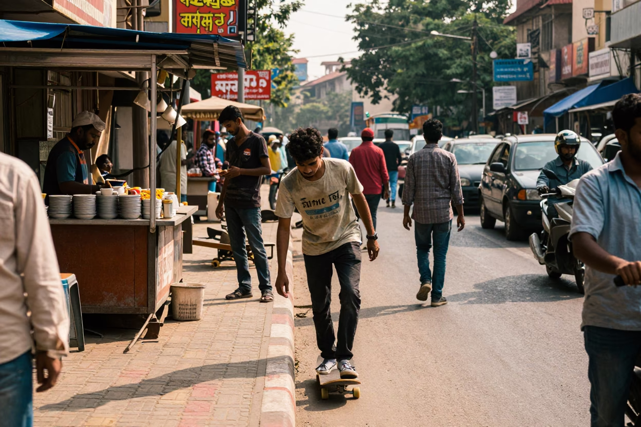 Busy Hyderabad Street Scene Early Afternoon with Skateboard and Local Vendor in in Hyderabad, India