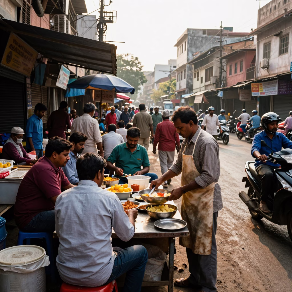 Busy Hyderabad Street Scene Early Afternoon with Vendors and Aprons in in Hyderabad, India