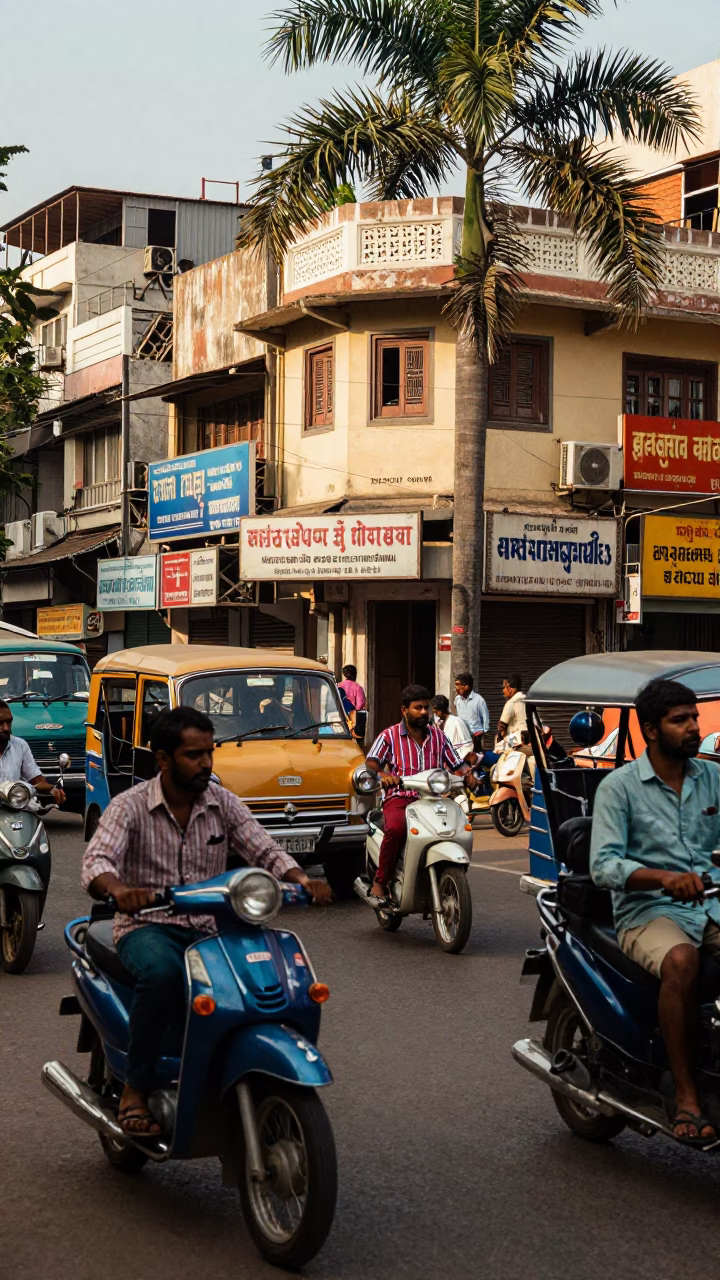 Busy Hyderabad Street Scene Early Afternoon with Vintage 1990s Aesthetic and Local Market Activity in in Hyderabad, India