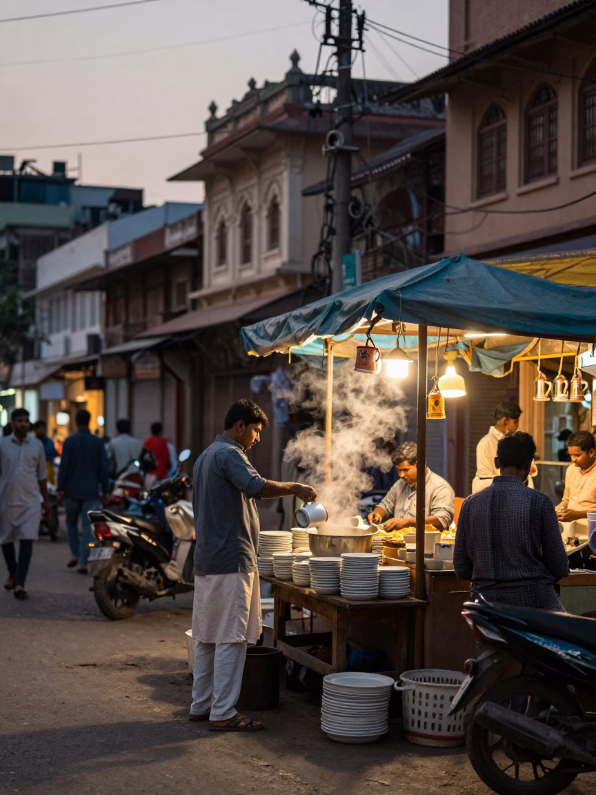 Busy Hyderabad Street Scene Early Evening with Ceramic Mugs and Tea Kettle in in Hyderabad, India