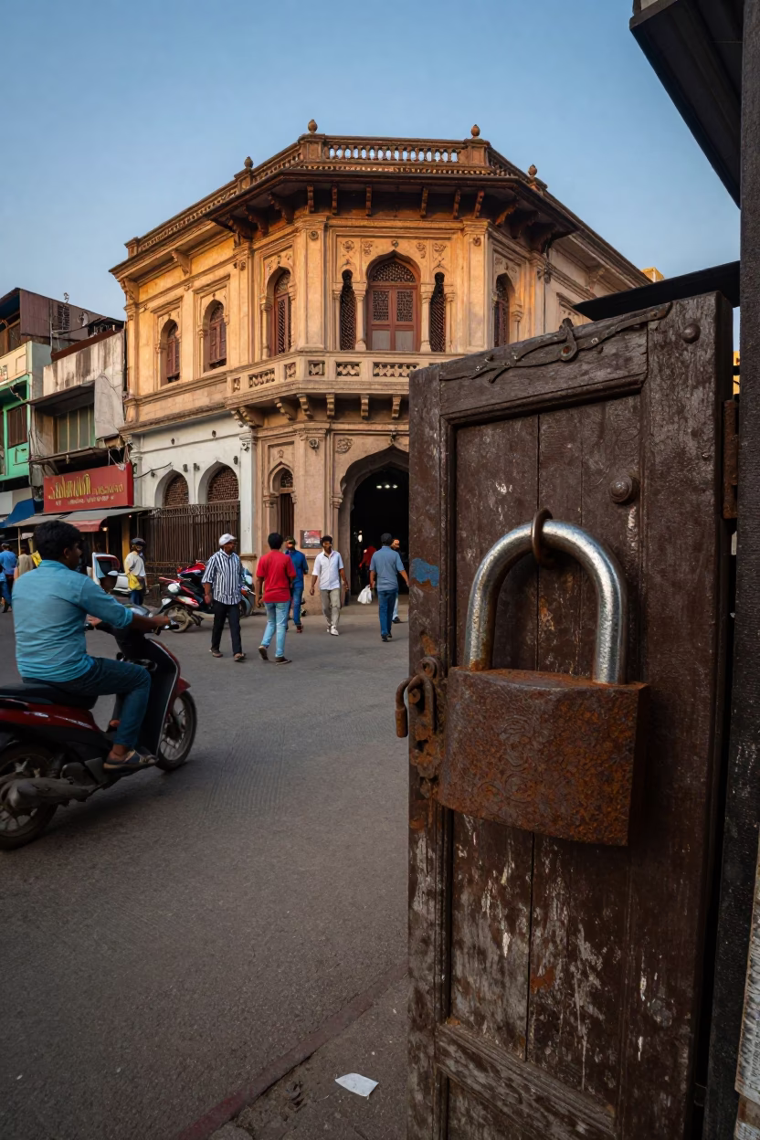 Busy Hyderabad Street Scene Early Evening with Padlock and Leaf Shadows in in Hyderabad, India