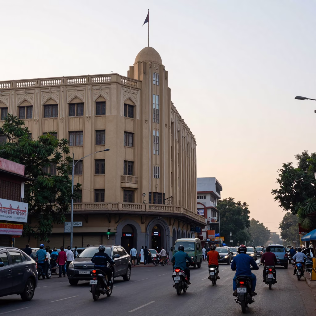 Busy Hyderabad Street Scene Early Morning with Art Deco Facade and Local Market Activity in in Hyderabad, India