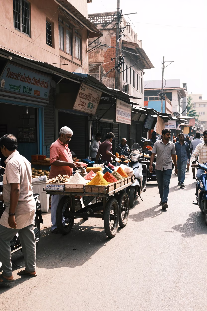 Busy Hyderabad Street Scene in Bright Midmorning Light with Canister Set in in Hyderabad, India