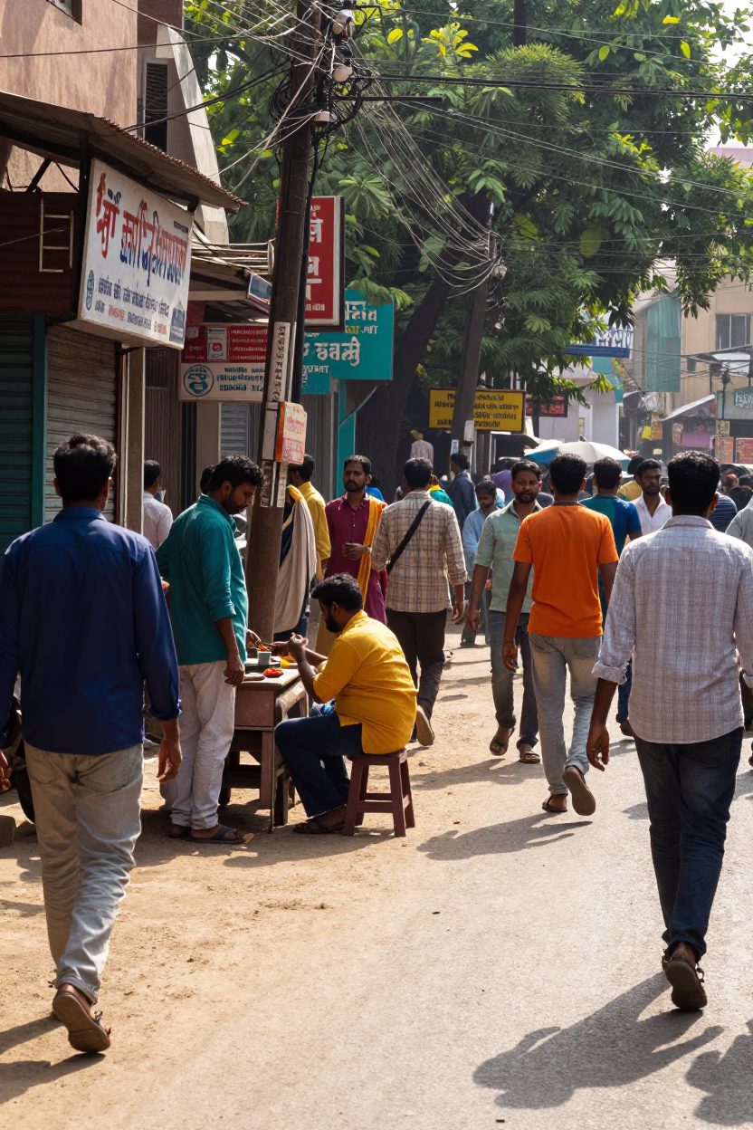Busy Hyderabad Street Scene in Bright Midmorning Light with Local Market Activity in in Hyderabad, India