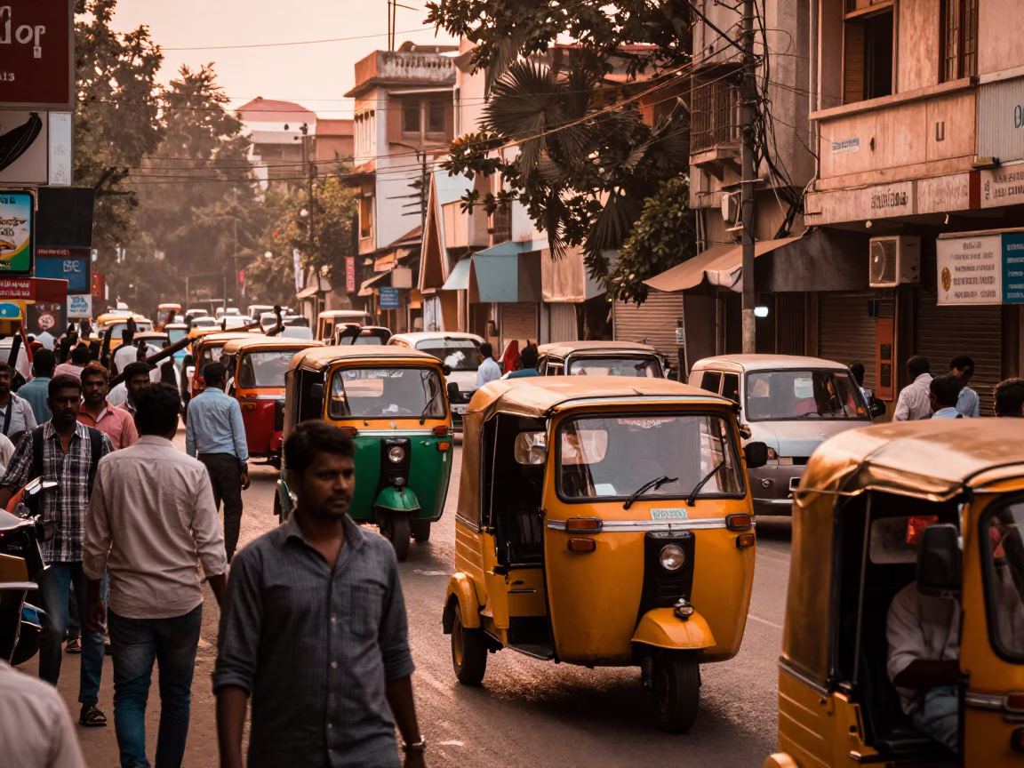 Busy Hyderabad Street Scene in Copper Toned Light Before Dusk with Heritage Architecture in in Hyderabad, India