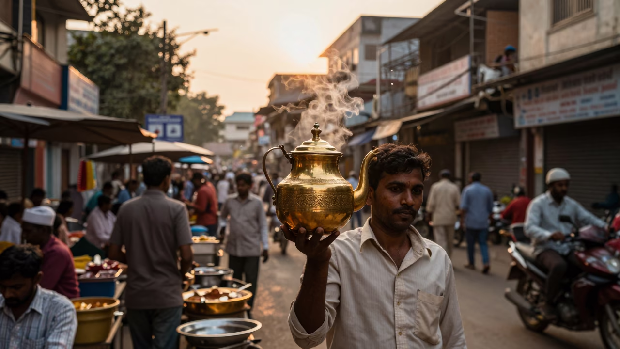 Busy Hyderabad Street Scene in Honeyed Evening Light with Teapot and Local Life in in Hyderabad, India